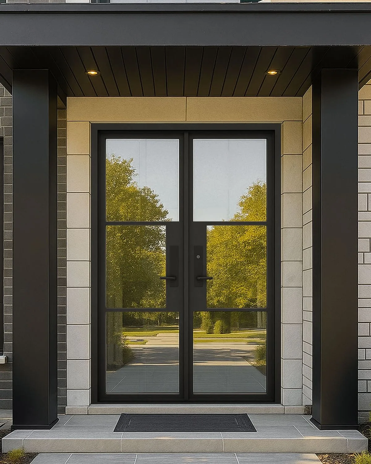 Custom black steel double front doors for a modern residential entrance