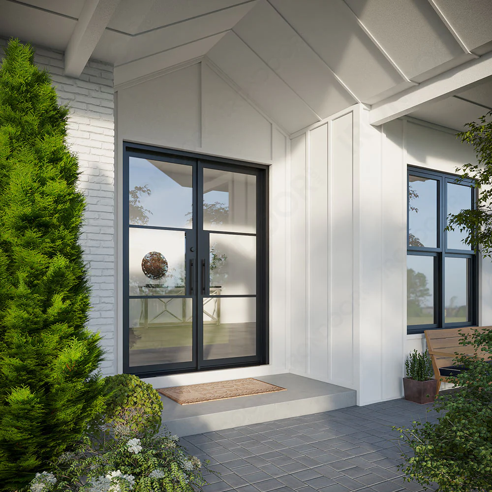 Custom iron double front doors in Austin TX for residential entryway with glass panels