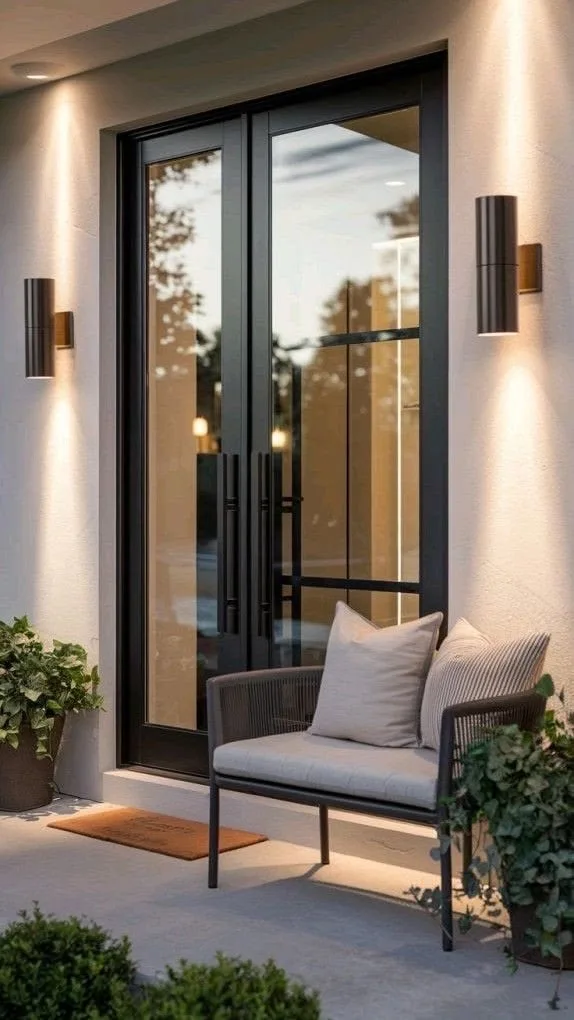 Elegant black steel French patio doors with large glass panels and pull handles