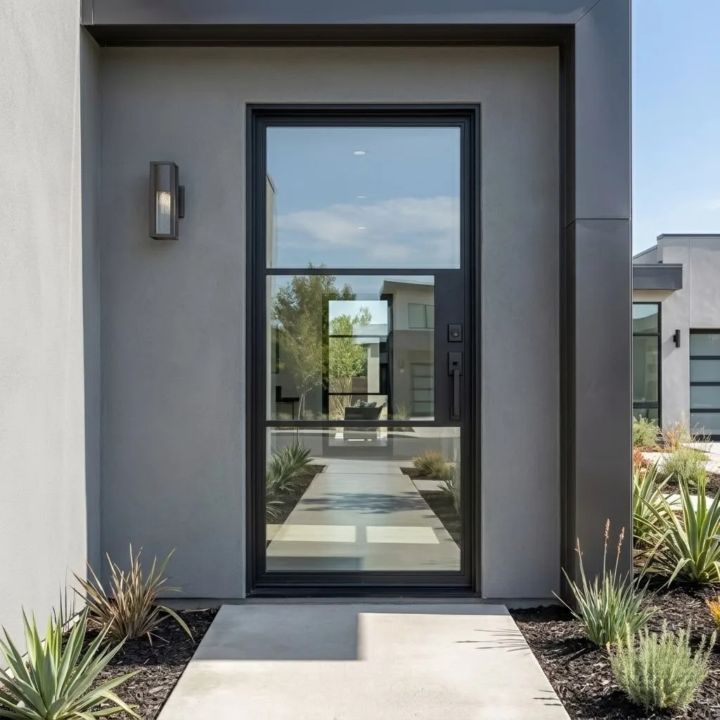 Design inspiration: Contemporary black steel and glass single front door on a modern Texas home Contemporary black steel and glass single front door on a modern Texas home