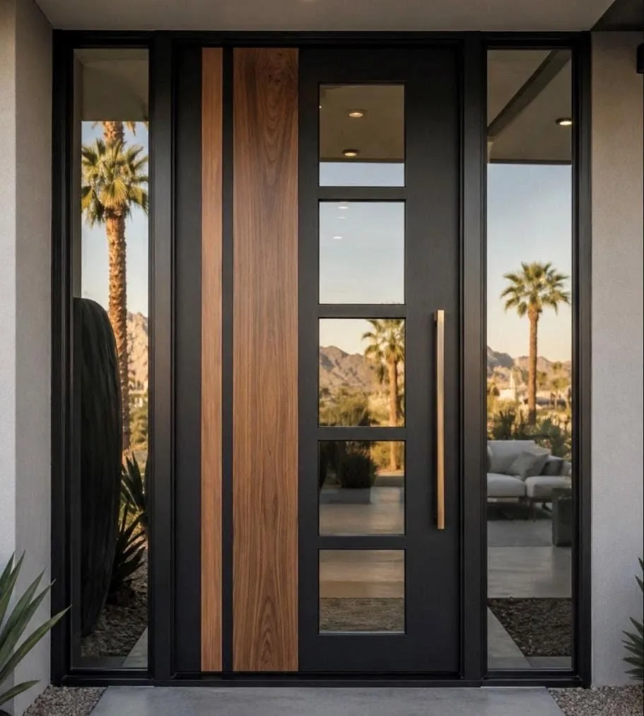 Design inspiration: Contemporary wood accent steel single front door with glass sidelights in Texas Contemporary wood accent steel single front door with glass sidelights in Texas
