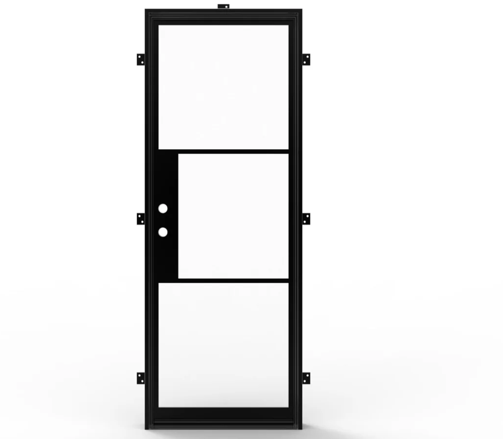 Modern steel single front door in Austin TX with glass and black frame design
