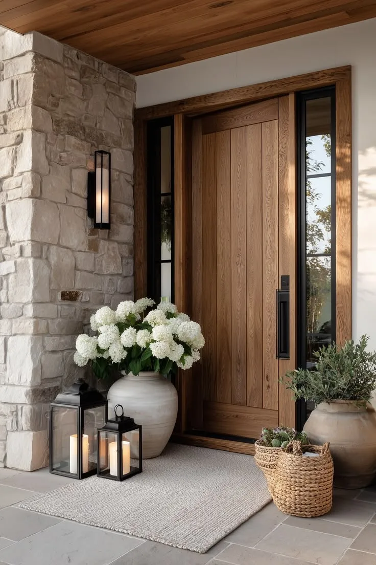 Design inspiration: Wood single front door framed by narrow black steel and glass sidelights in Austin Wood single front door framed by narrow black steel and glass sidelights in Austin