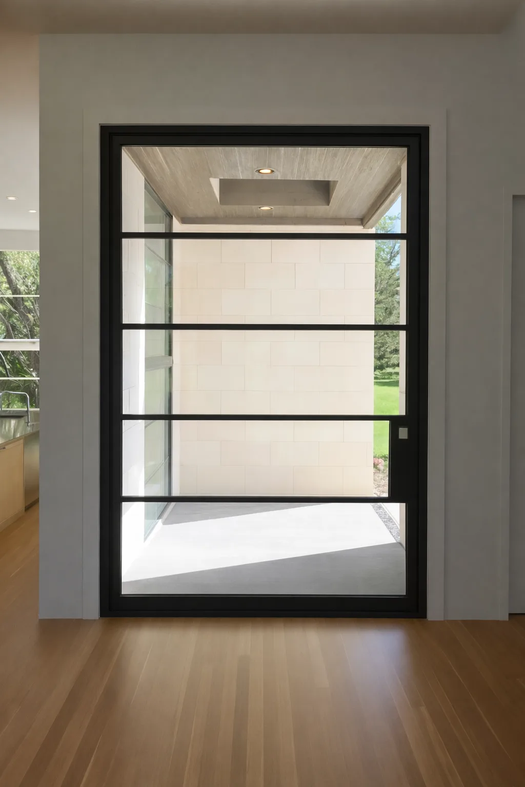 Modern pivot door with slim dark framing and premium pull hardware Modern pivot door with slim dark framing and premium pull hardware