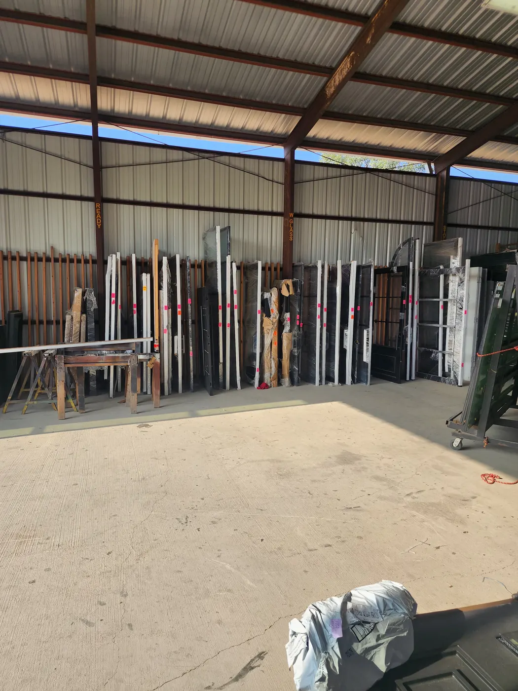 Finished steel doors racked and ready for delivery to the Dripping Springs job site