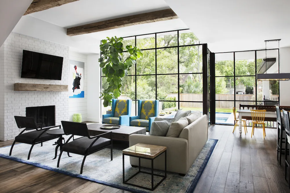 Steel storefront-style window wall in a modern interior