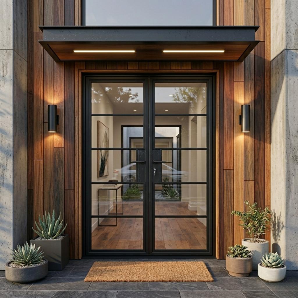 Modern black steel double entry door with Low-E glass and wood siding